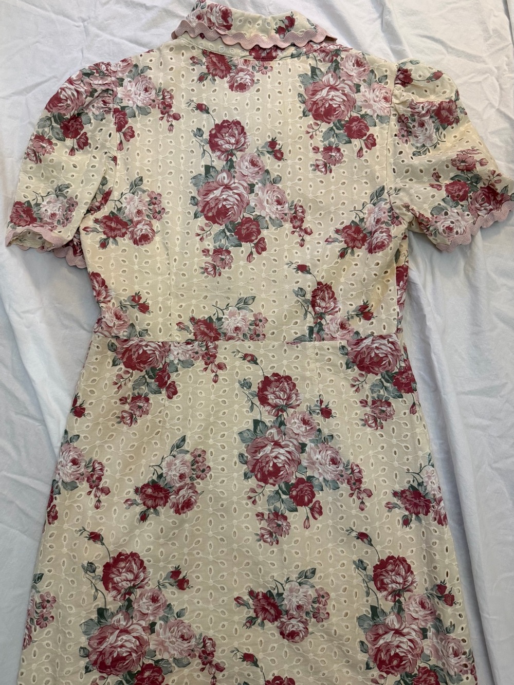 AUREUM Cream Eyelet Mini Dress with Pink Rose Print - Picture 2 of 8